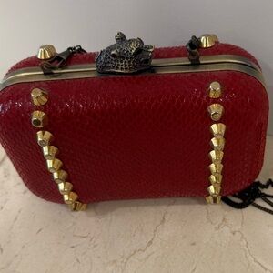 House of Harlow 1960 Red Snake-Texture Studded Clutch with Chain